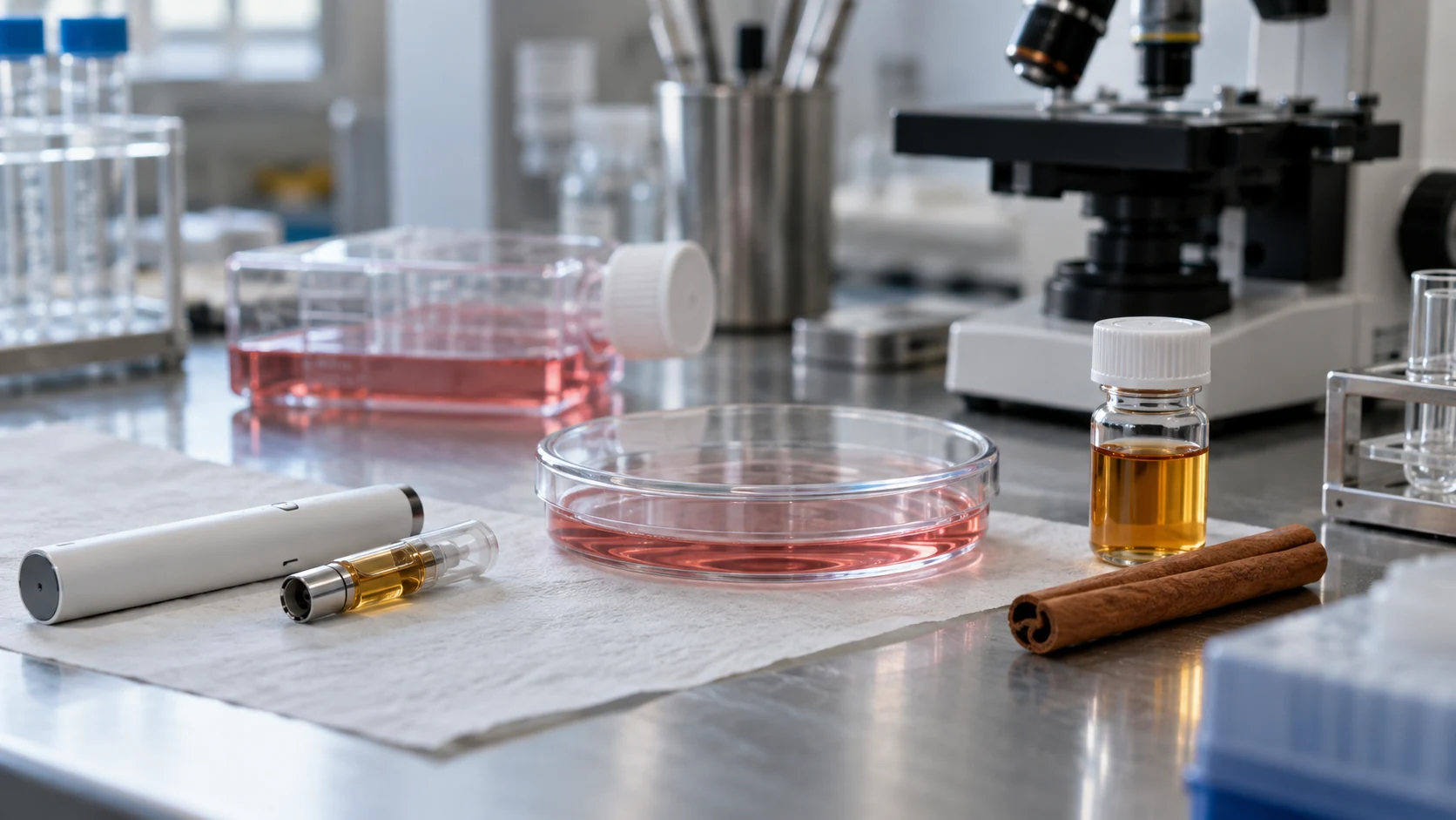 Laboratory bench with a white e-cigarette device, cinnamon-flavoured liquid, petri dish, cell culture flask and microscope.