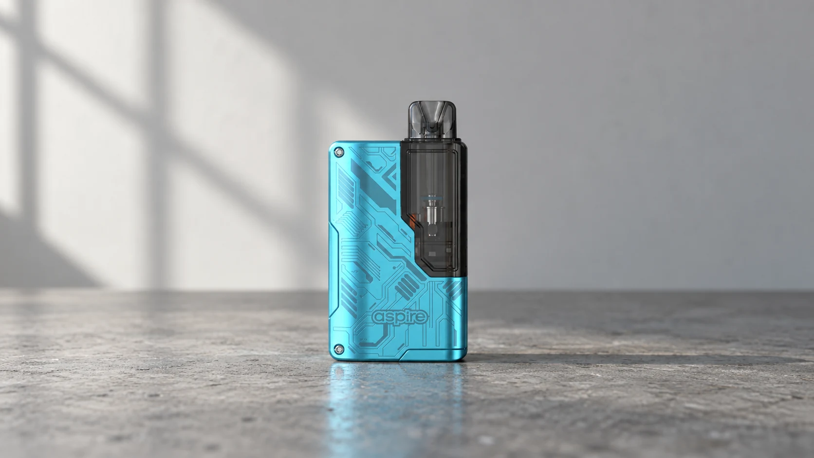 Aspire Gotek Pro II pod kit in turquoise standing on a concrete surface with a softly lit grey background.