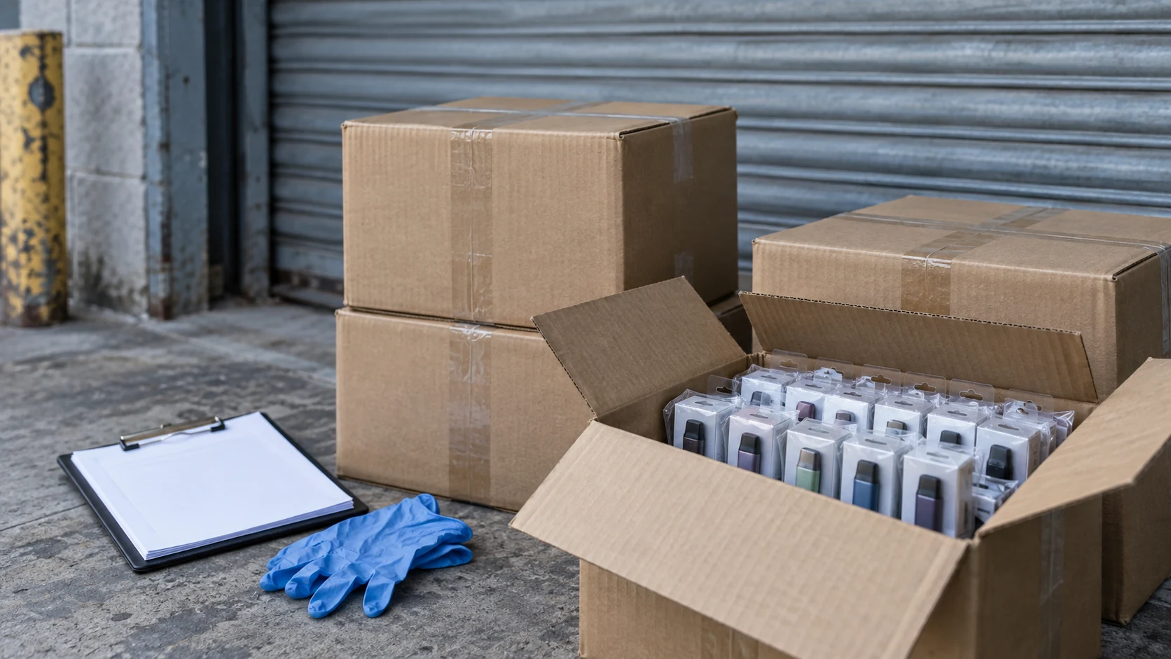 Open cardboard boxes of packaged vape devices on a warehouse floor beside a clipboard and blue gloves.