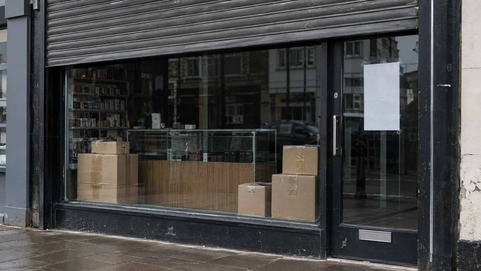 Closed vape shop storefront with a partially lowered shutter, boxed stock inside, and a blank notice taped to the glass door.