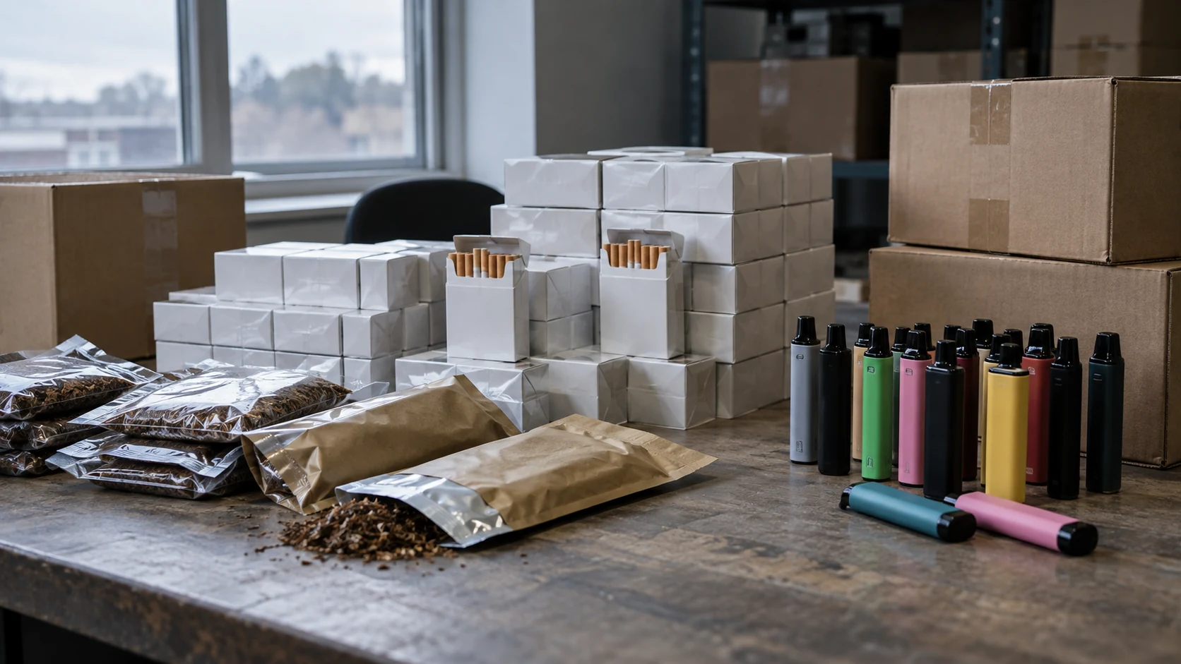 Seized loose tobacco, cigarette packs and disposable vapes arranged on a table with cardboard boxes in the background.