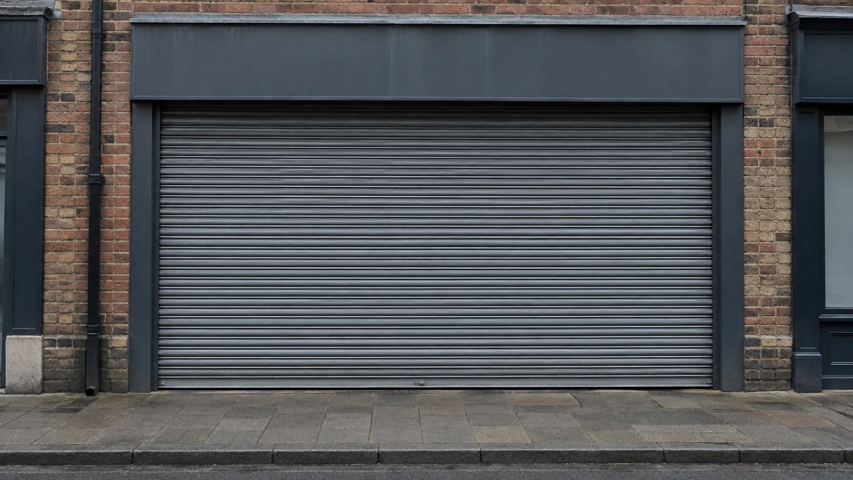 Closed metal shutter on a brick-fronted shop along a quiet pavement.