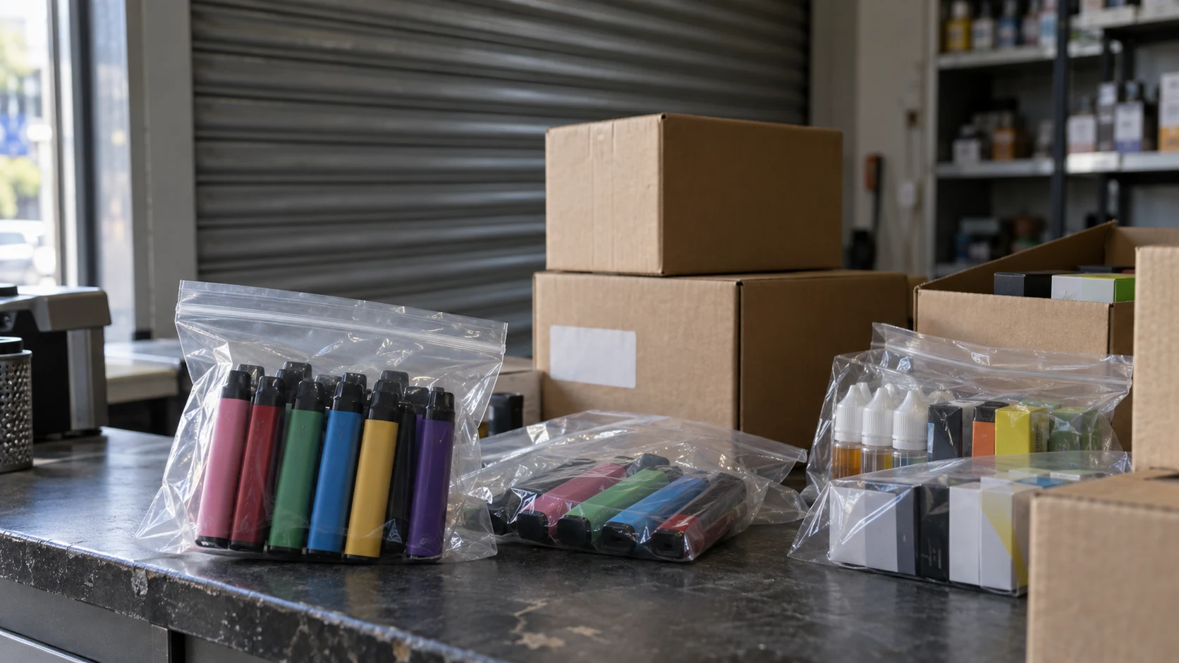 Sealed bags of colourful vape devices and e-liquid bottles on a shop counter beside cardboard boxes.