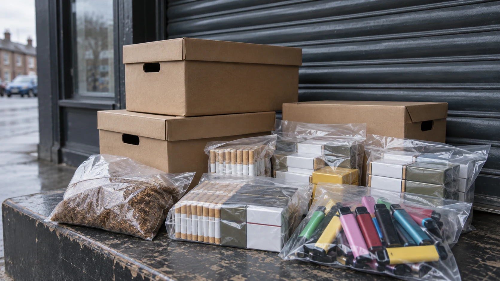 Boxes and clear bags of loose tobacco, cigarette packs and disposable vapes arranged outside a shuttered shopfront.