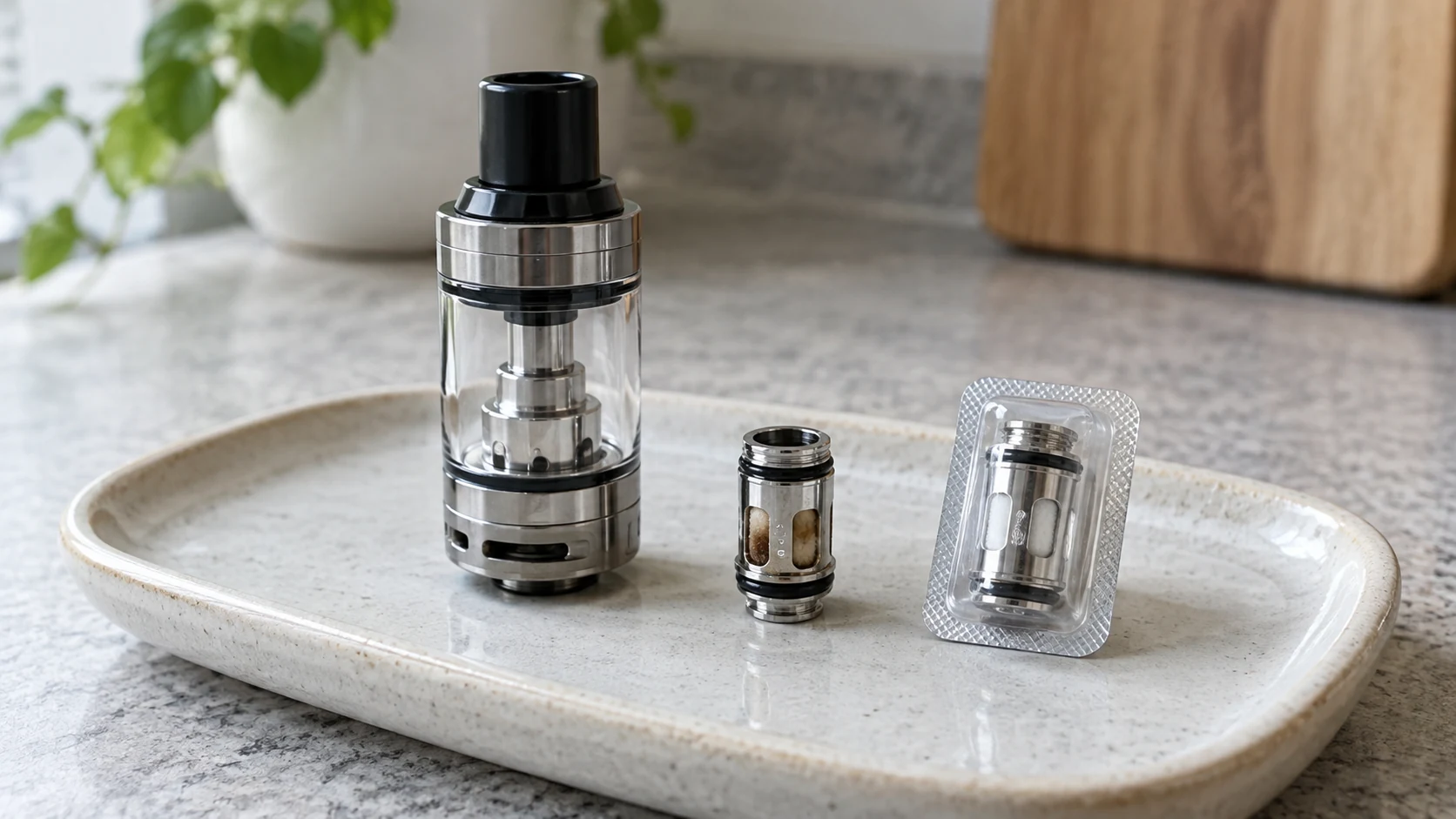 Refillable tank beside a used coil and a clean replacement coil on a ceramic tray.