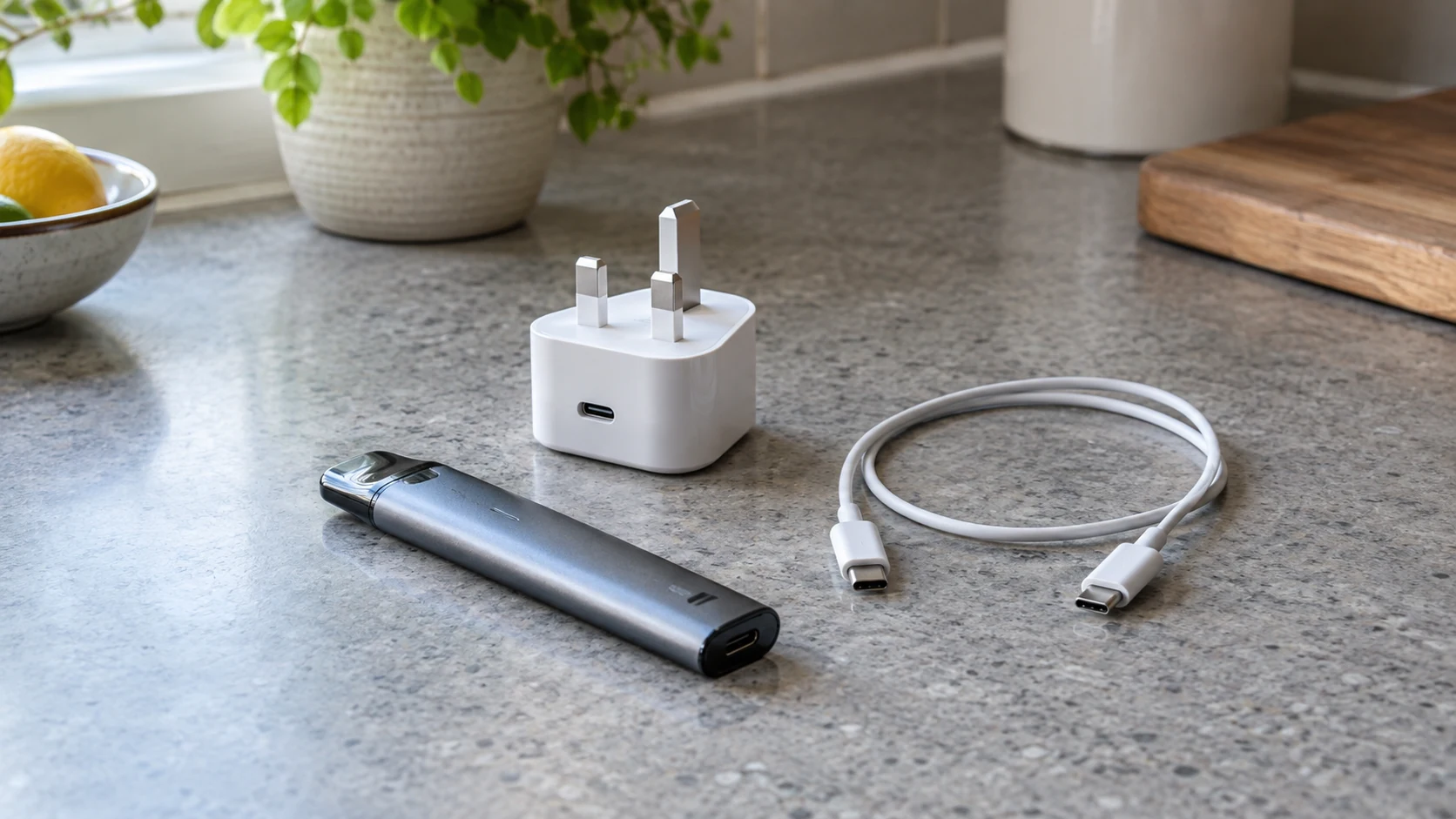 Pod device, USB-C charging cable and unplugged UK wall charger on a clear stone worktop.