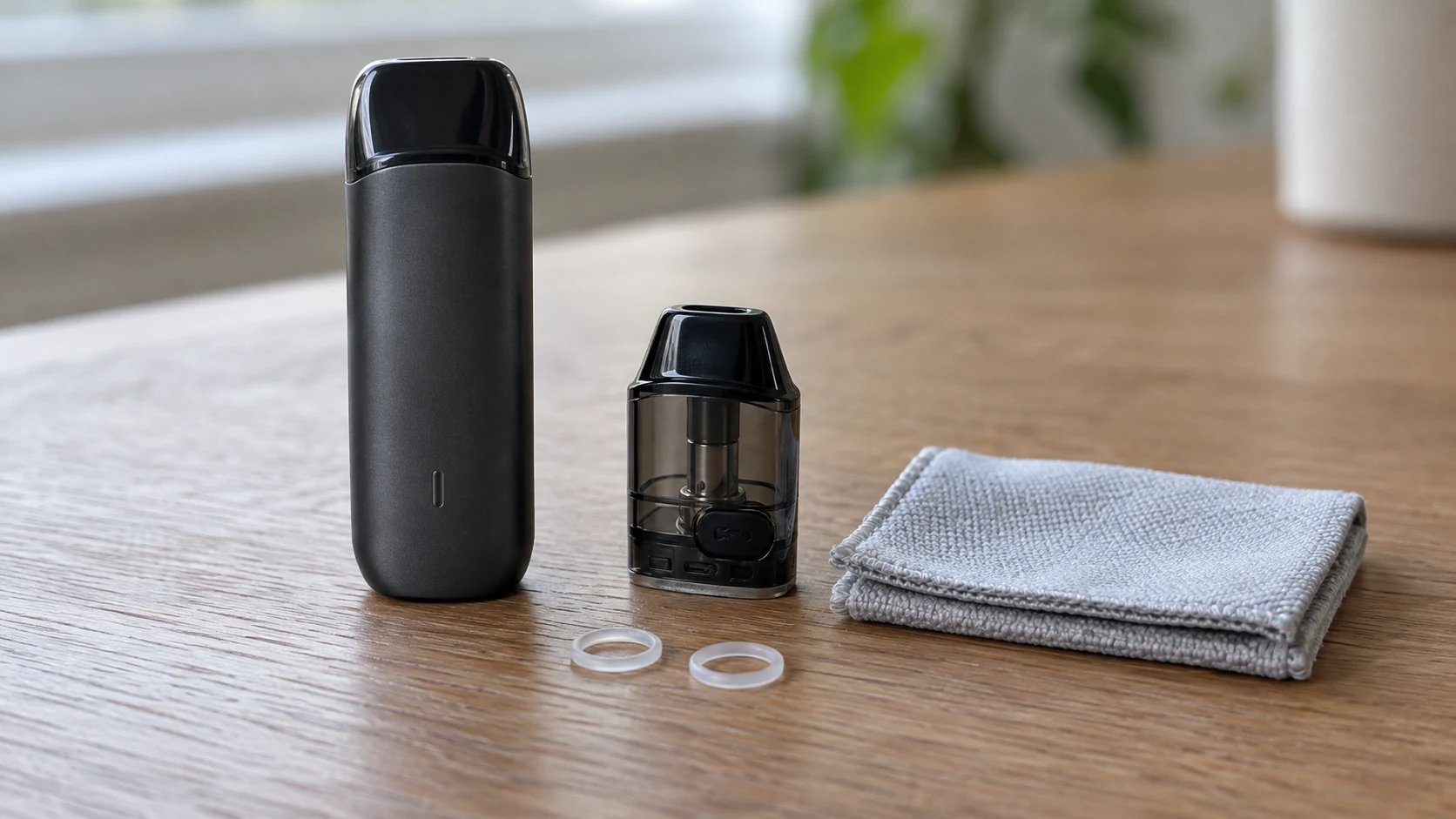 Pod device, spare cartridge, cleaning cloth and silicone seals arranged on a dry wooden surface.