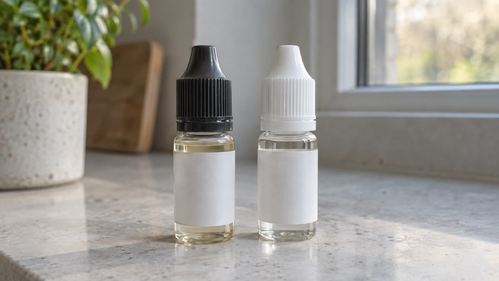 Two closed e-liquid bottles with plain labels and black and white caps on a stone worktop.