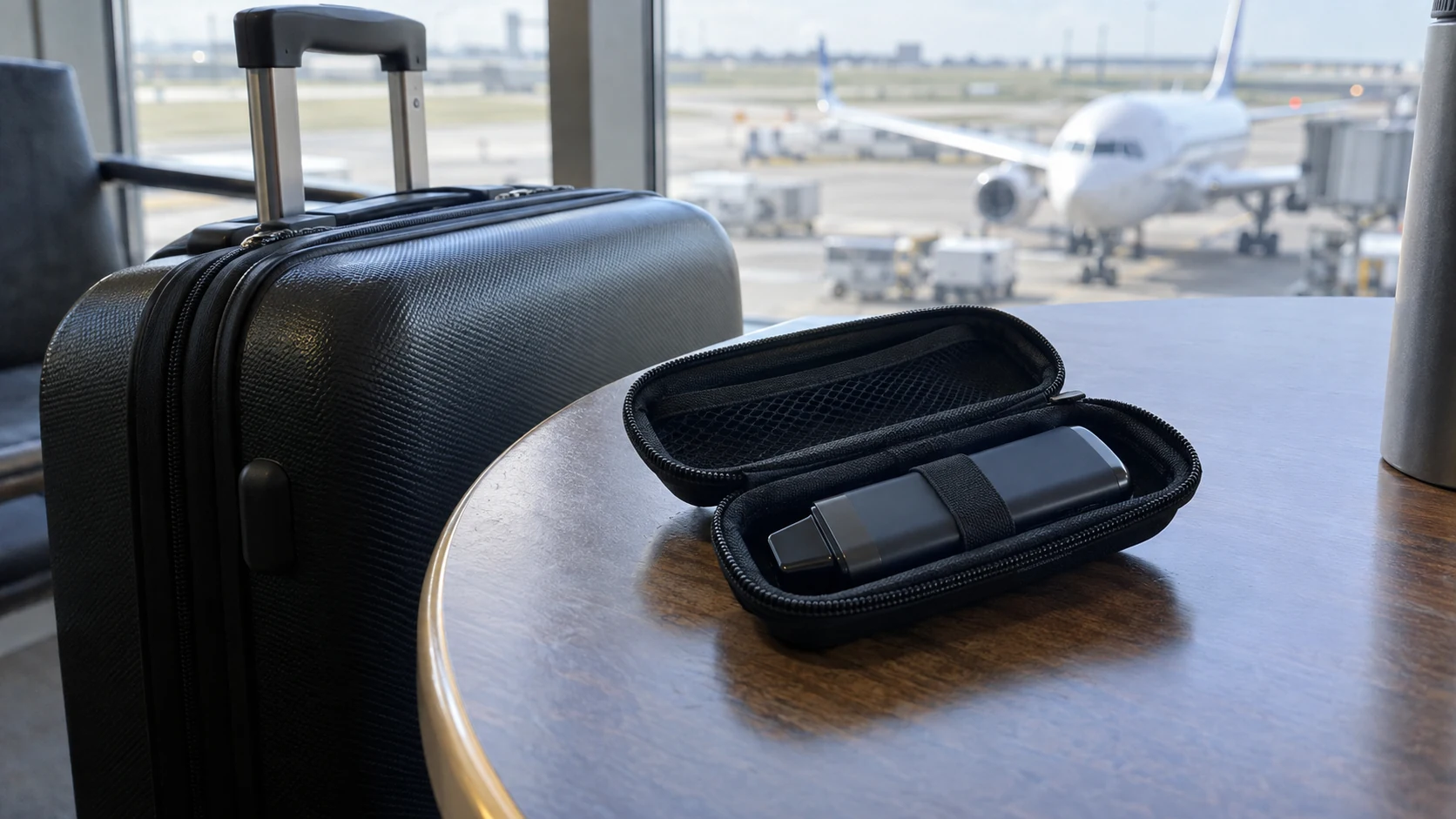 Pod device secured in an open protective case beside hand luggage at an airport.