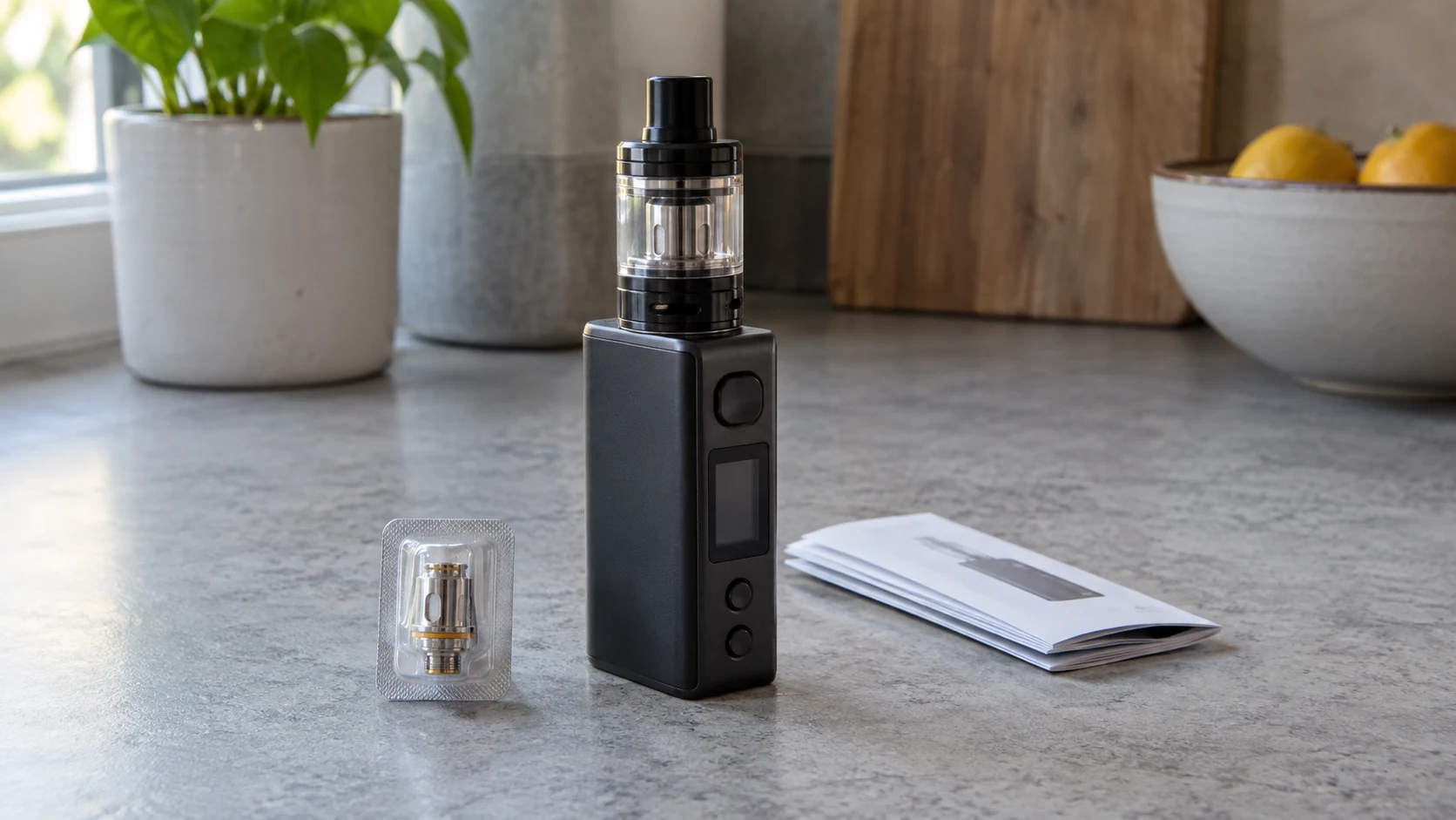 Regulated vape device with a refillable tank, a packaged replacement coil and an instruction leaflet on a stone worktop.