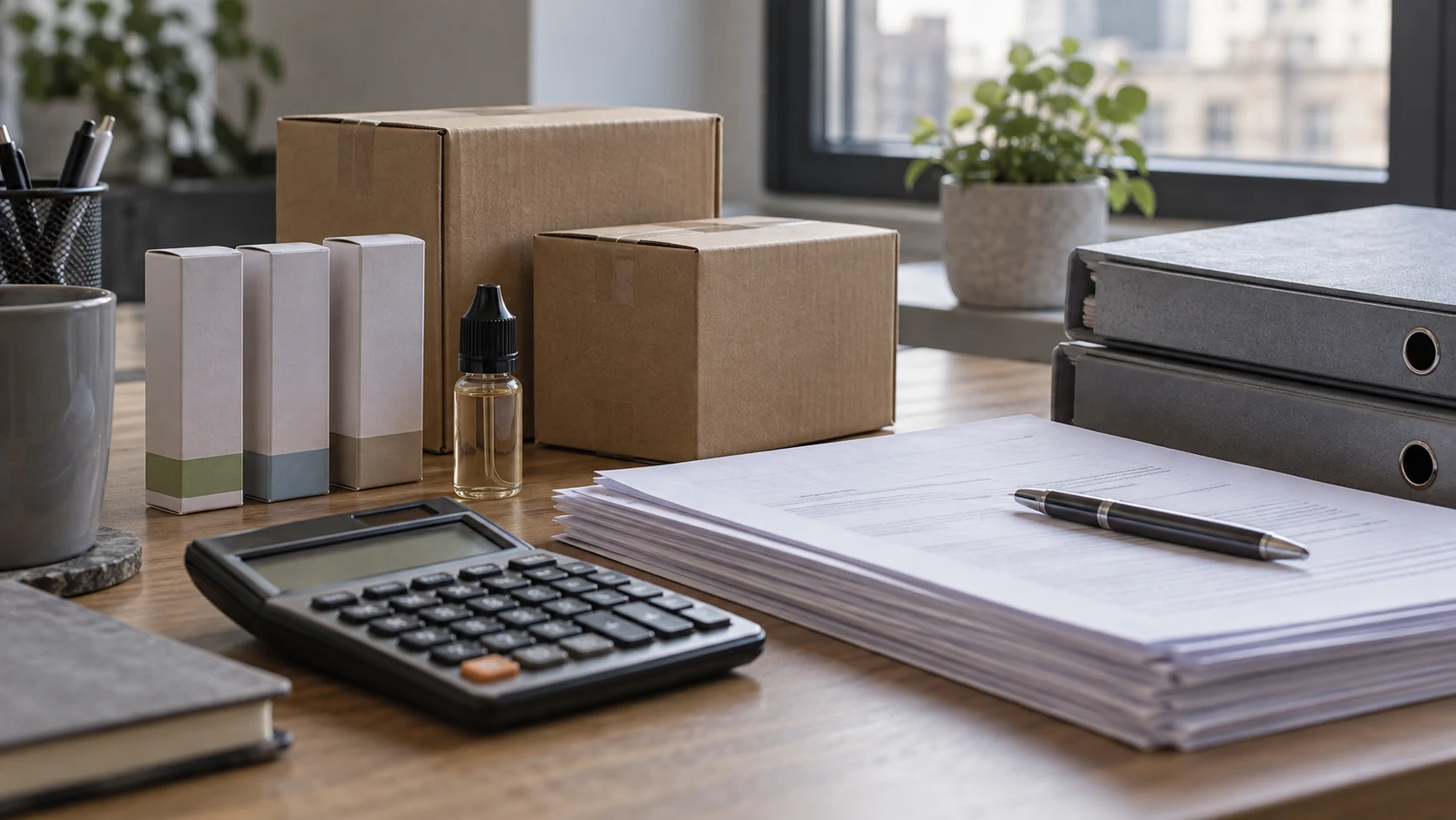 Vape liquid bottle, product boxes, parcels, calculator and paperwork on an office desk, suggesting business preparation for new vaping product duty rules.
