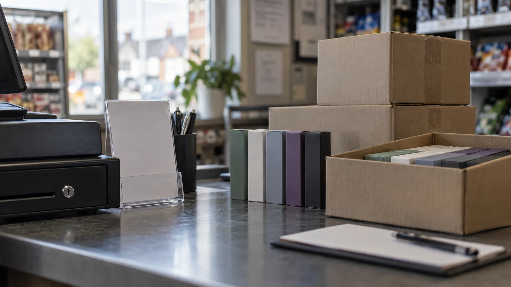 Retail shop counter with boxed vape products, cardboard stock boxes, a cash register and a blank countertop sign holder.