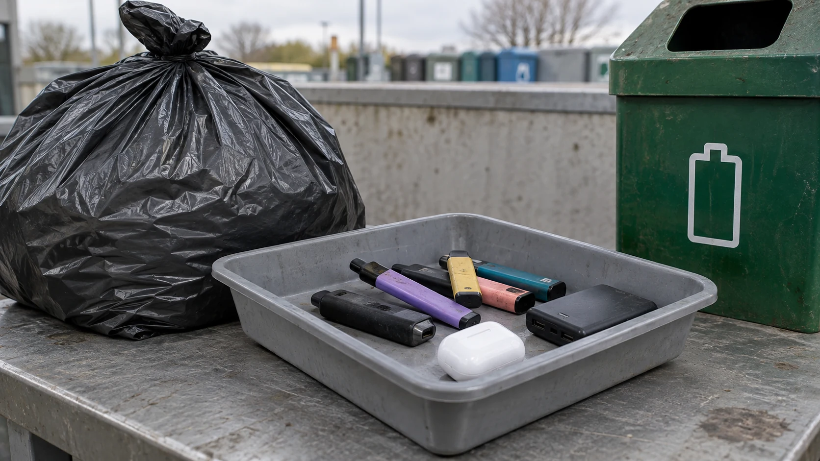 Disposable vapes and small electronic devices in a sorting tray beside a black rubbish bag and battery recycling bin.