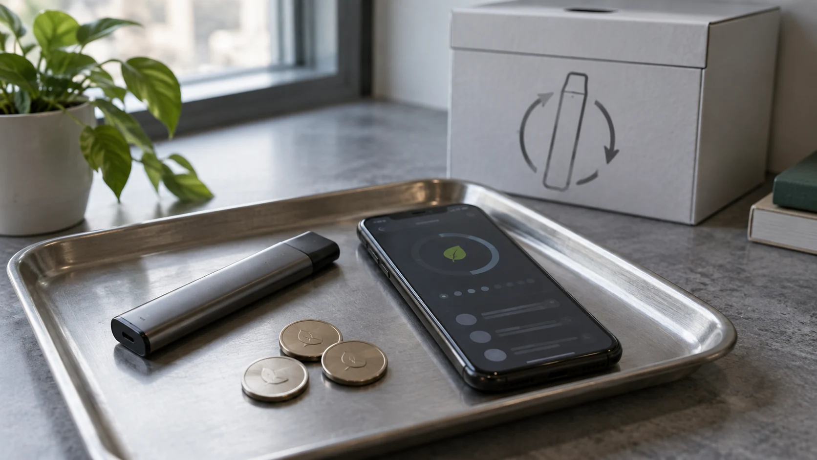 Smart vape device, phone app interface and reward tokens on a metal tray beside a plain product box.