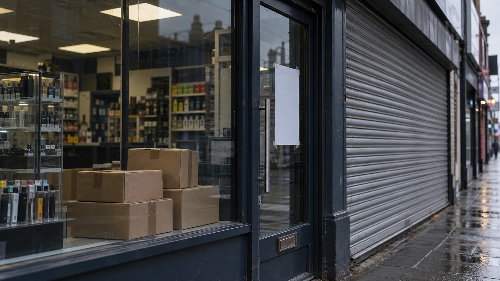 Vape shop storefront with cardboard boxes in the window, a blank notice on the door and a shuttered frontage on a wet street.
