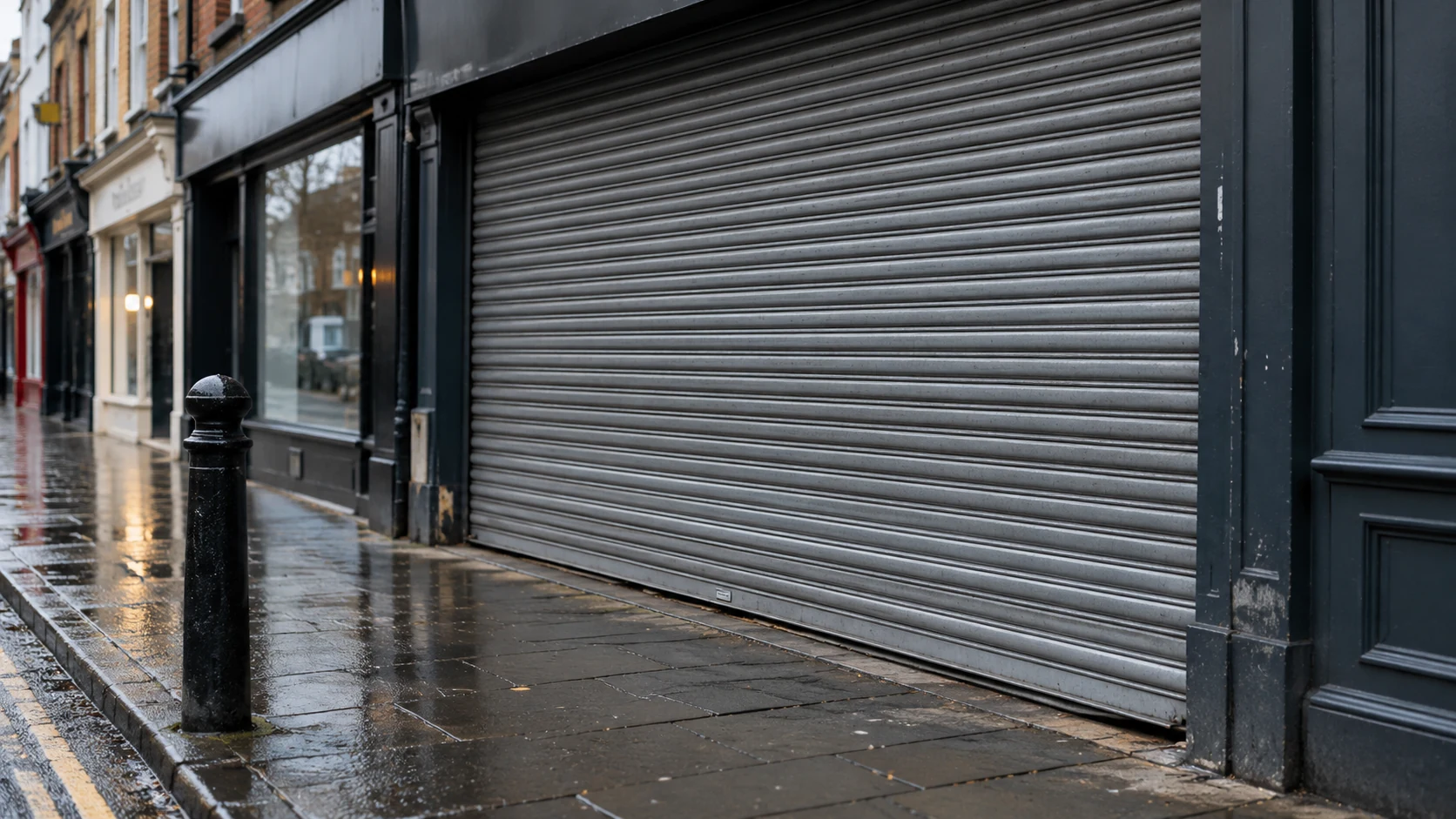 Closed shopfront with metal shutter on a wet high street pavement.