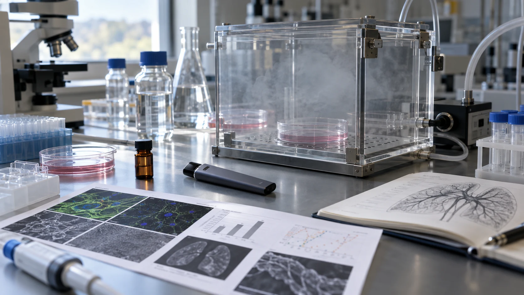 Laboratory bench with a vaping device, petri dishes and a vapour exposure chamber used for respiratory and vascular cell research.
