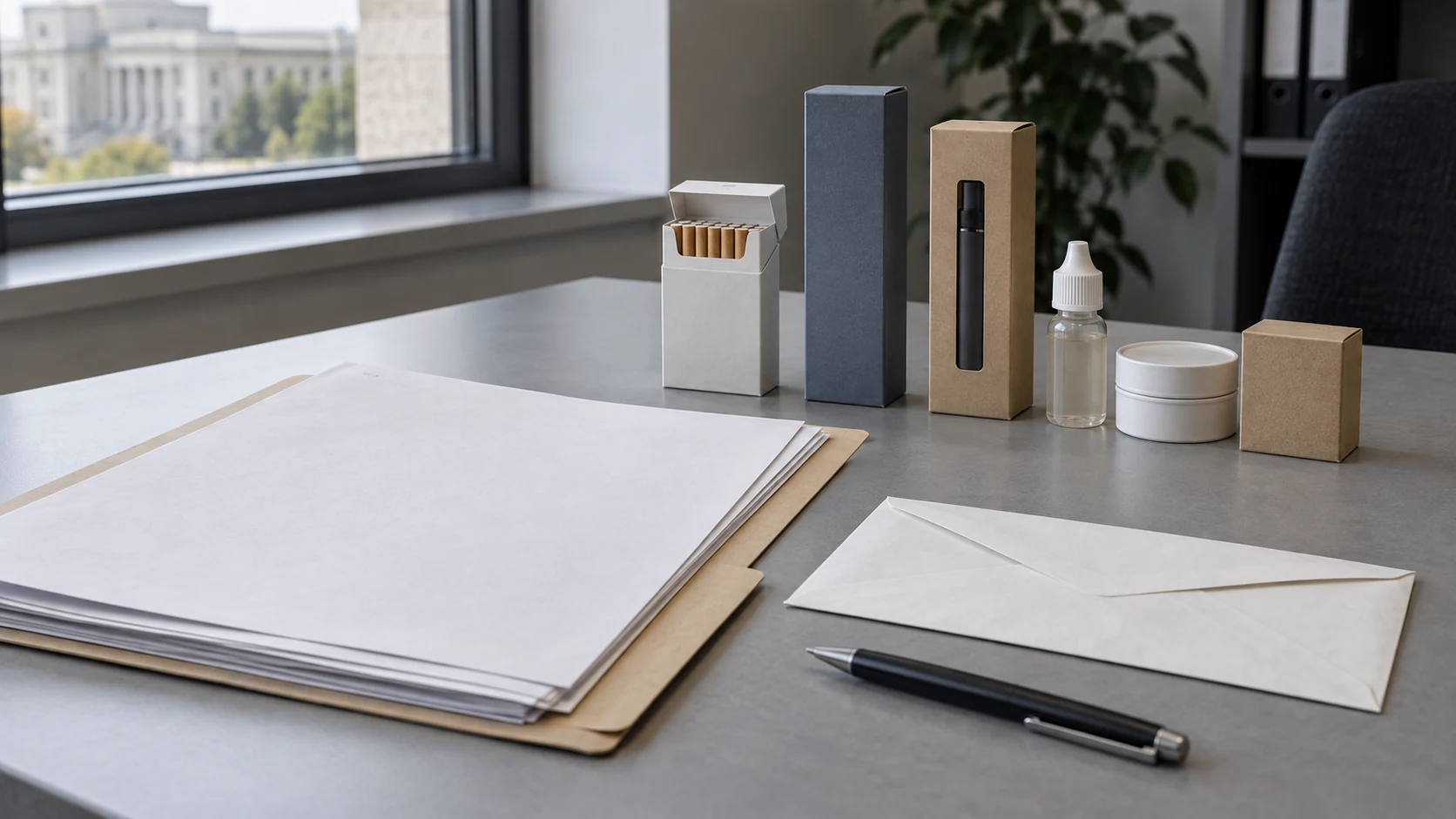 Office desk with consultation papers, an envelope, cigarettes, vaping products, and plain packaging arranged near a window.