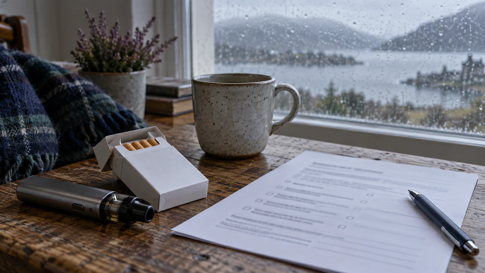 Vape device, cigarettes and survey paperwork on a wooden table by a rainy Scottish loch window.
