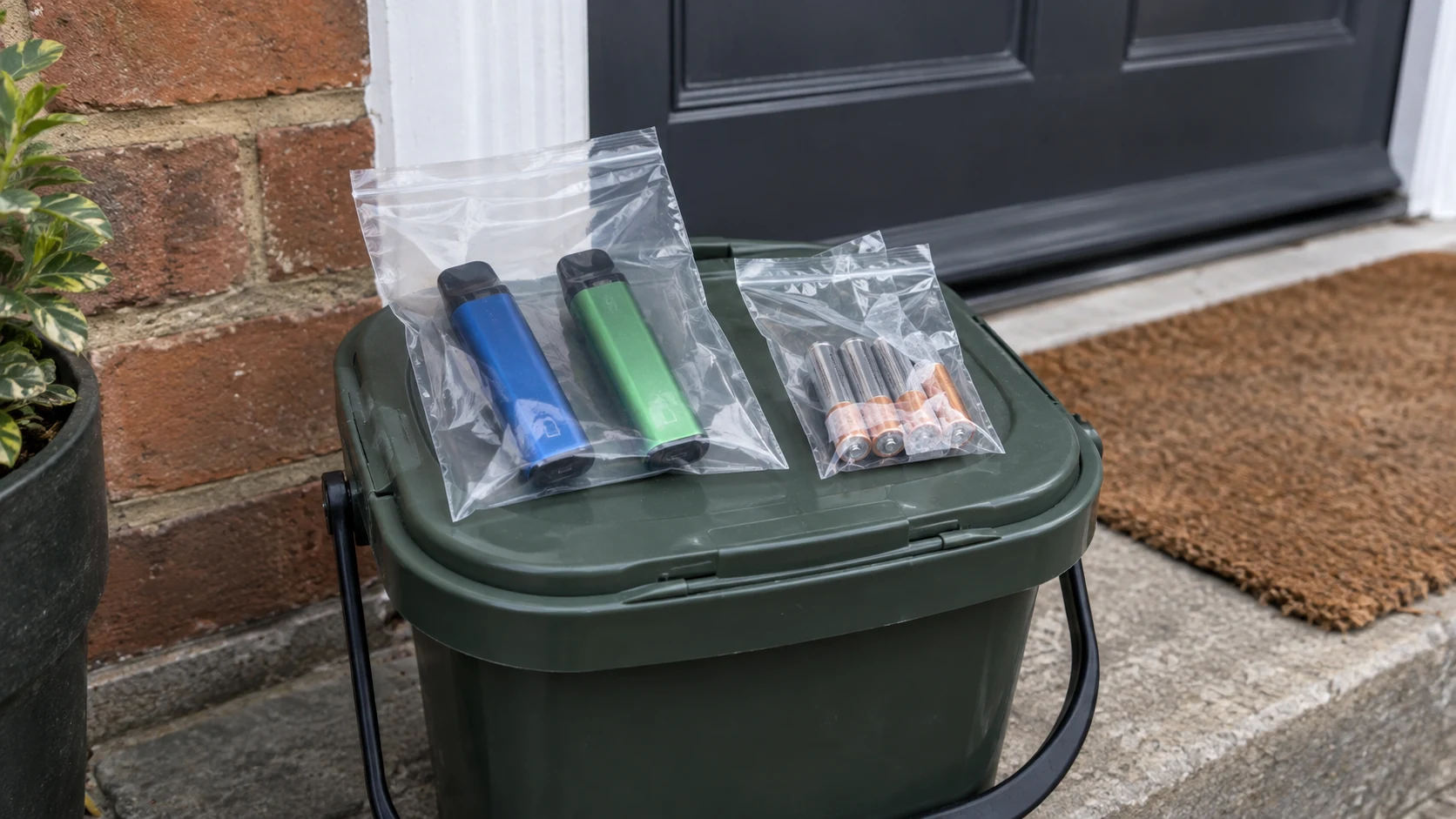 Sealed bags of disposable vapes and batteries placed on a green kerbside recycling box outside a front door.