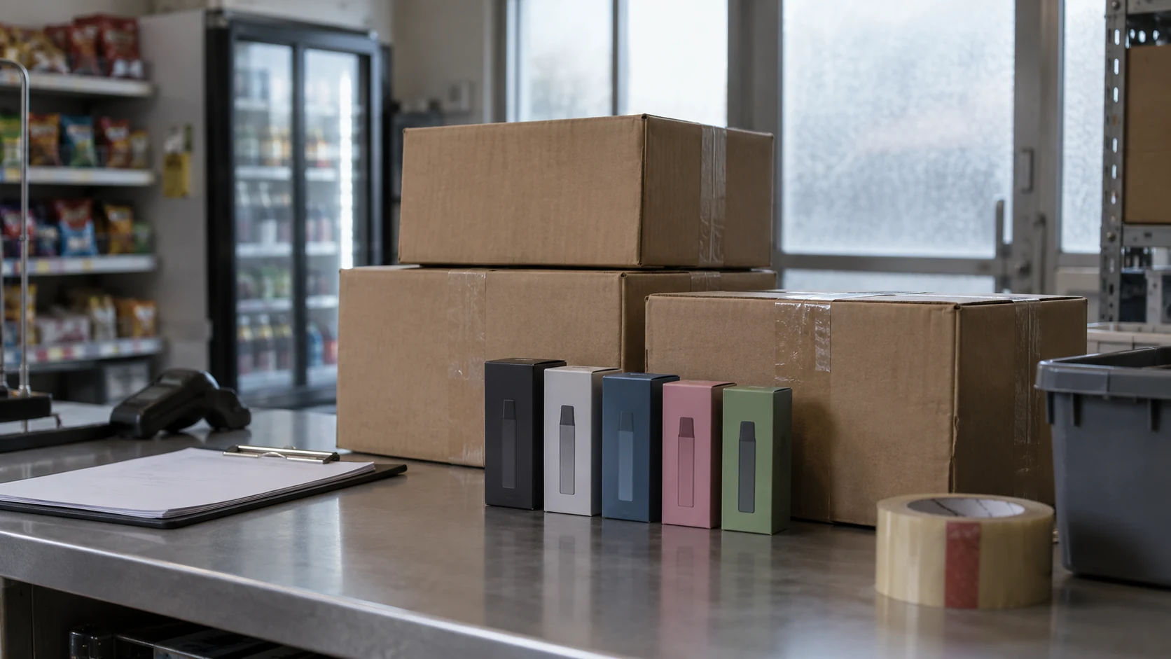 Cardboard shipping boxes and boxed vape products on a service station counter with a clipboard and packing tape nearby.