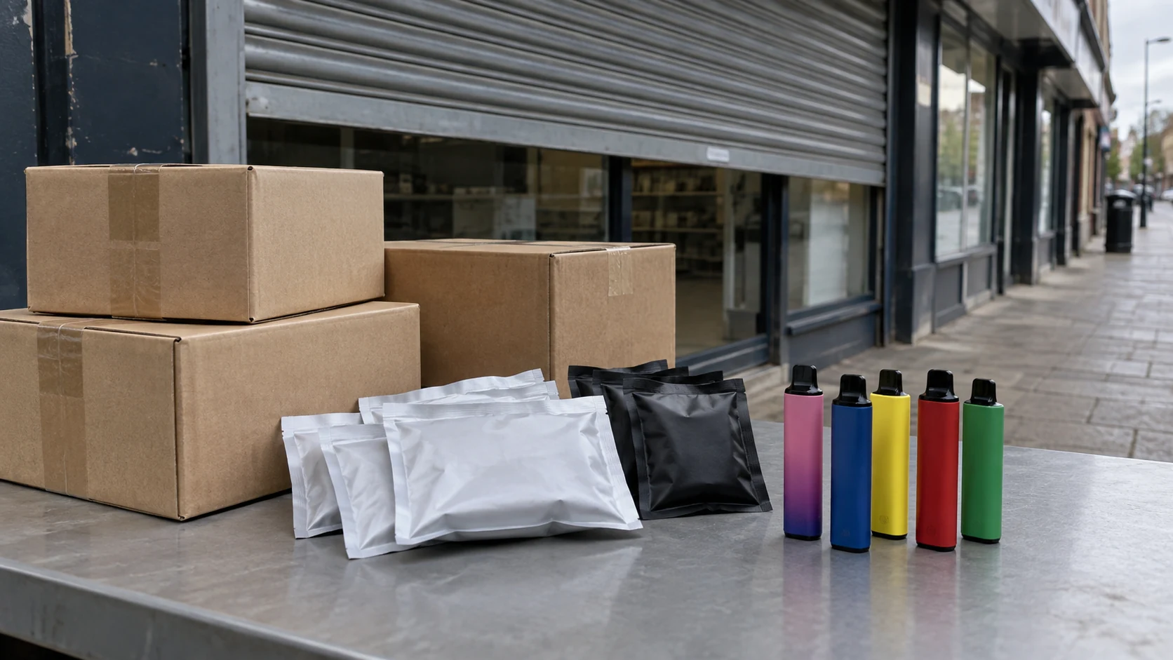 Cardboard boxes, plain packets and colourful disposable vapes displayed on a metal table outside a shuttered high street shop.