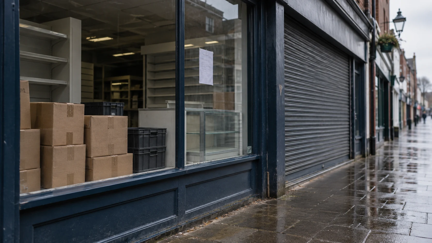 Rainy high street storefront with a shuttered shopfront, empty shelves, cardboard boxes and a paper notice in the window.