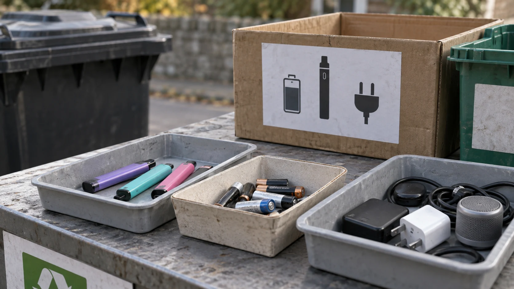 Vapes, loose batteries and small electrical items sorted in trays beside recycling bins at an outdoor waste collection point.