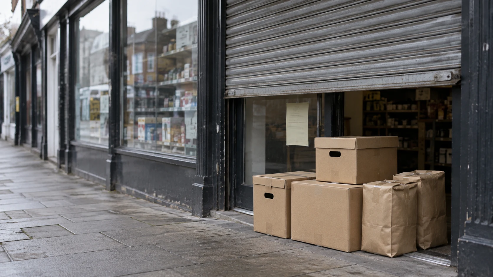 Cardboard boxes outside a partially shuttered shopfront on a wet high street pavement.