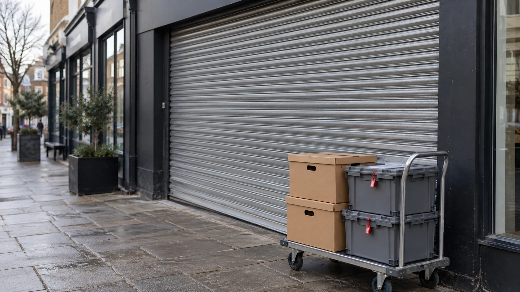 A closed high street shop with a metal shutter down and boxes on a trolley outside on a wet pavement.