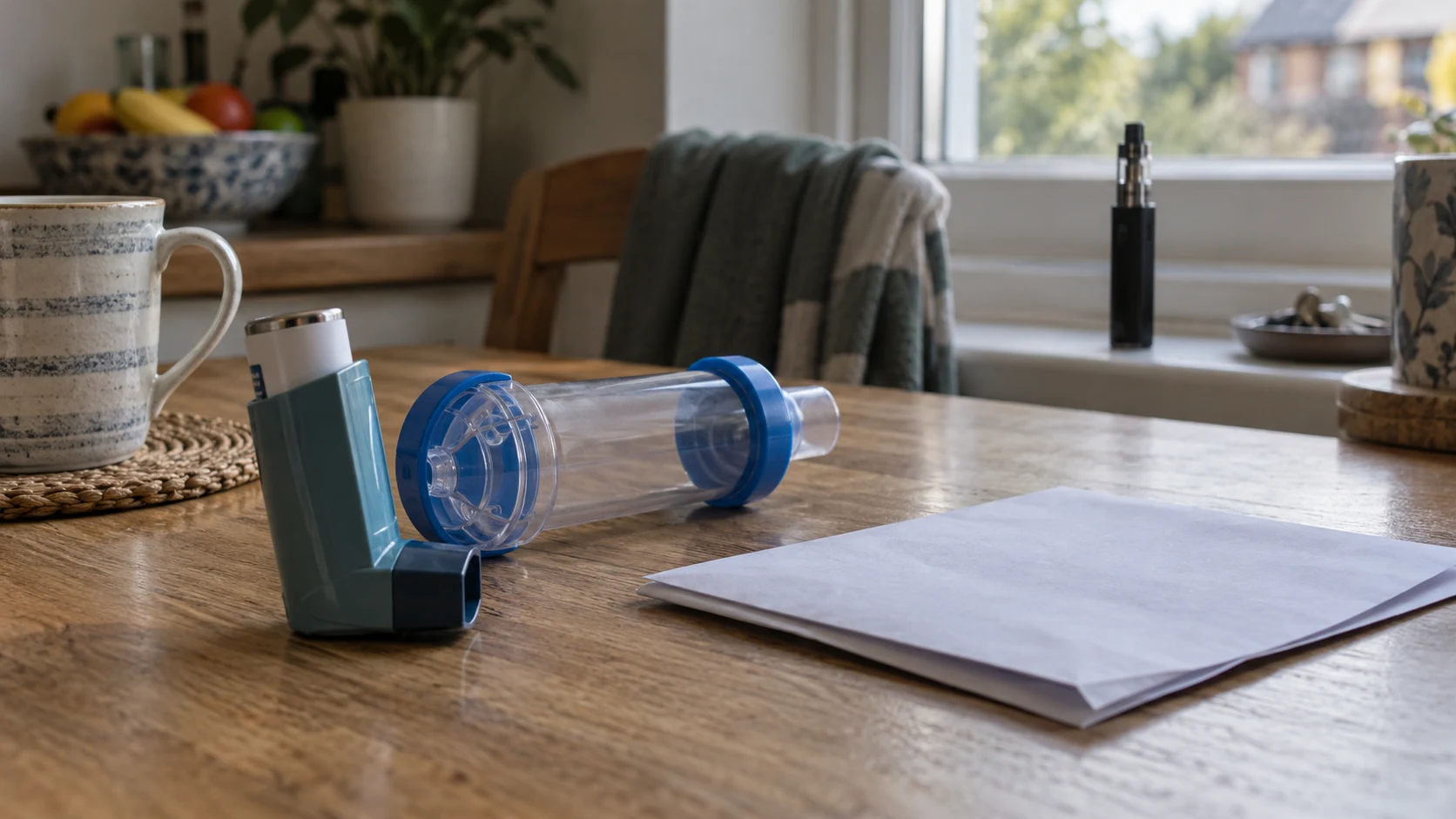 Asthma inhaler and spacer on a kitchen table with an e-cigarette on the windowsill in the background.