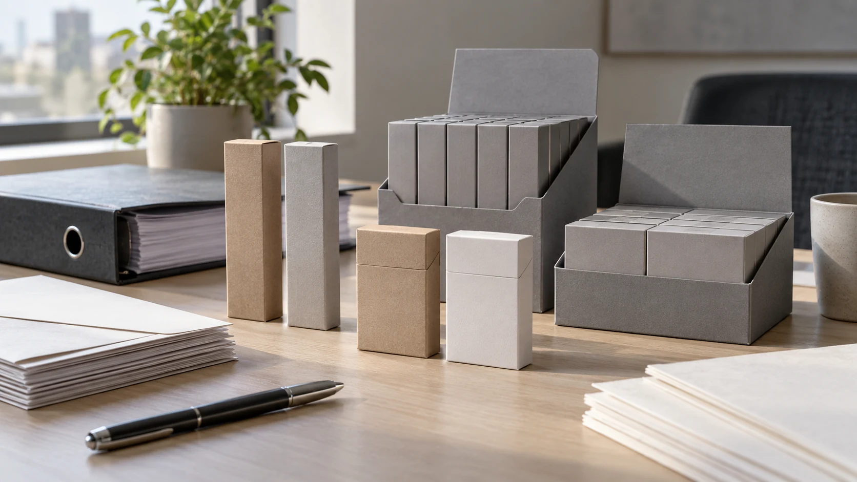 Plain tobacco and vape-style packaging samples displayed on an office desk with documents, folders, a pen and a coffee mug.