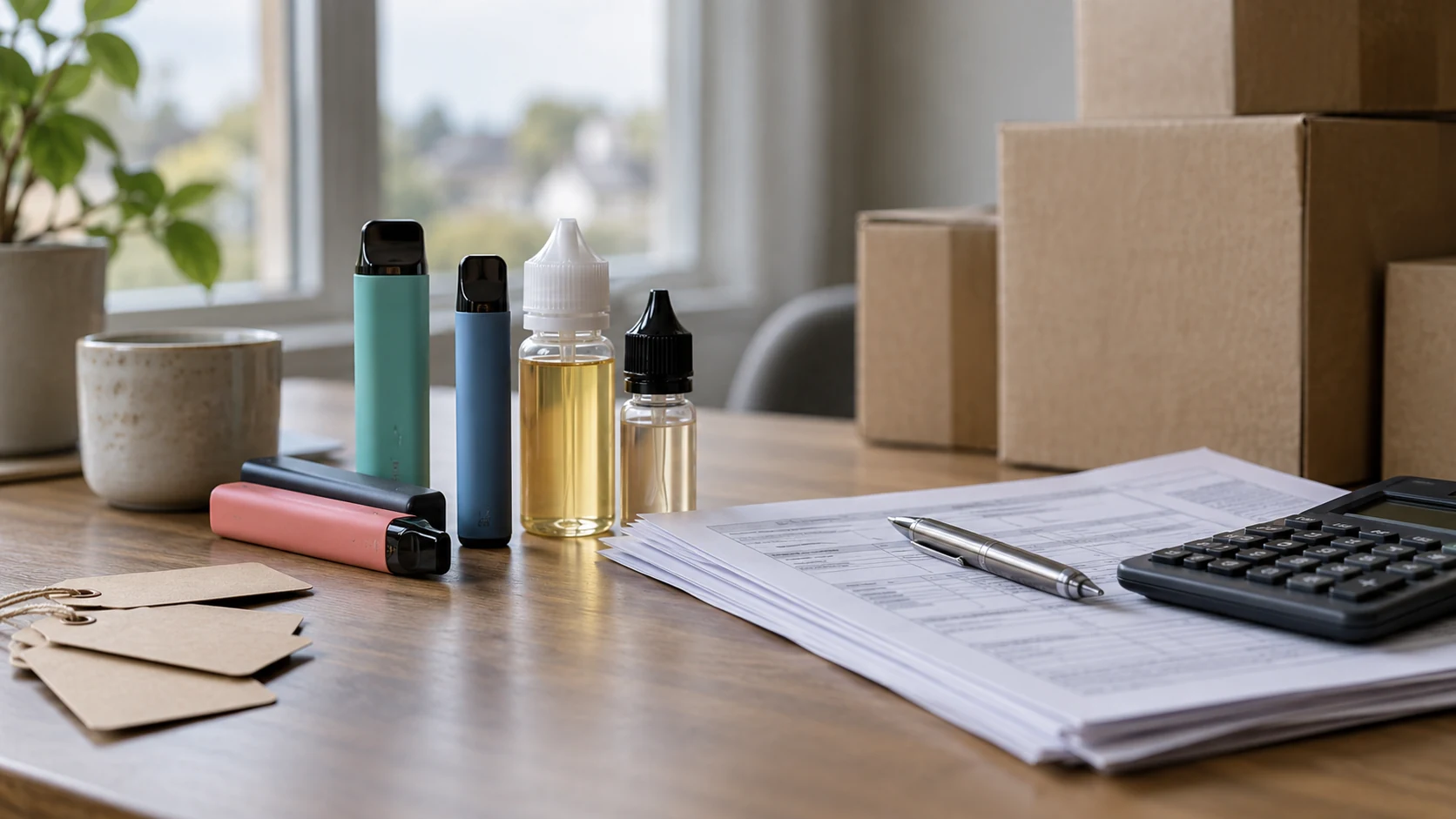 Vape devices and e-liquid bottles beside paperwork, a pen, calculator and shipping boxes on a desk.