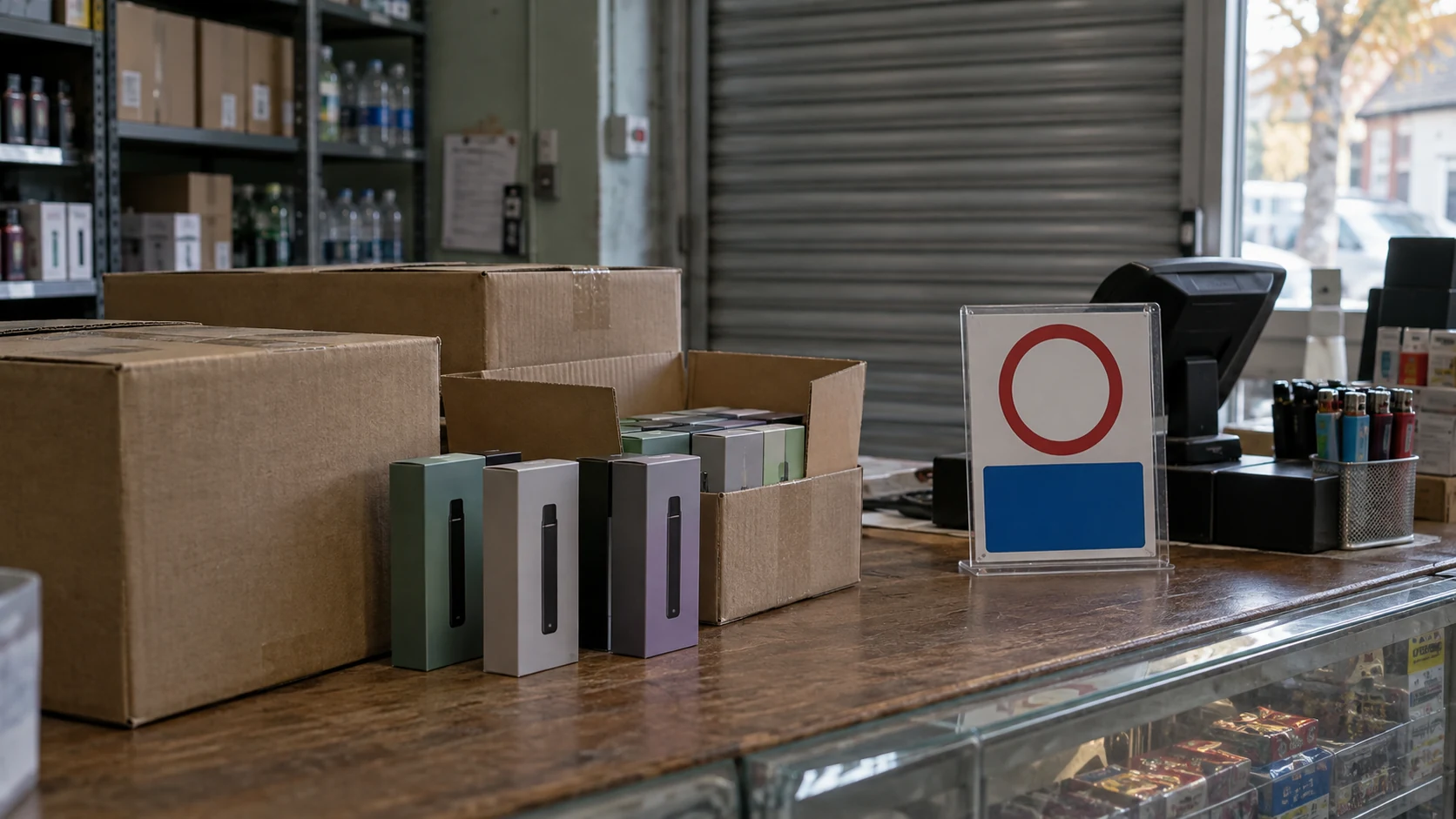 Vape products and cardboard stock boxes on a shop counter beside an age-restriction sign in a retail store.