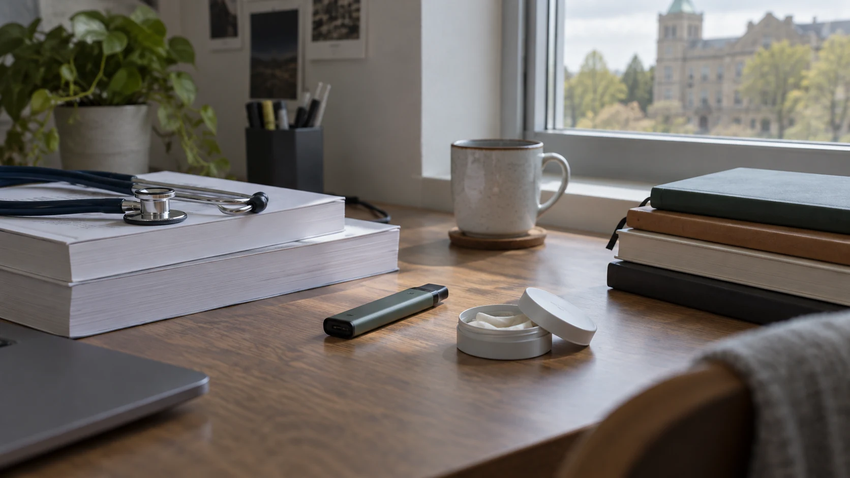 Medical study desk with textbooks, a stethoscope, a vape device and nicotine pouches near a campus window.