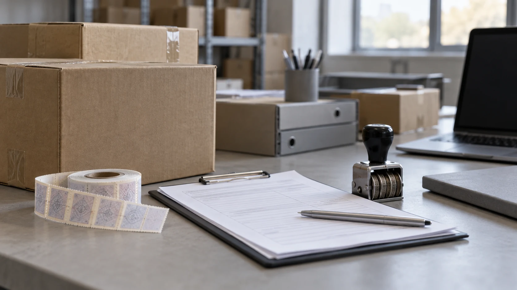 Warehouse desk with cardboard boxes, a roll of duty stamps, paperwork on a clipboard, a date stamp and a laptop.