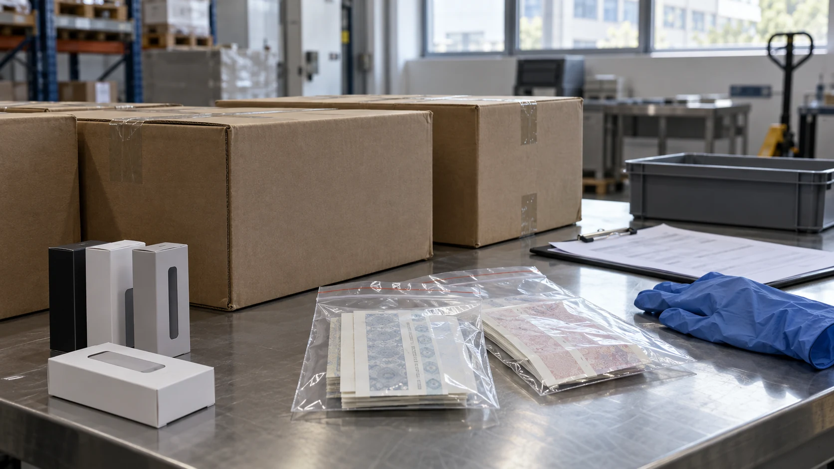 Sealed vape product boxes, duty stamps in evidence bags, gloves and paperwork on a warehouse inspection table.