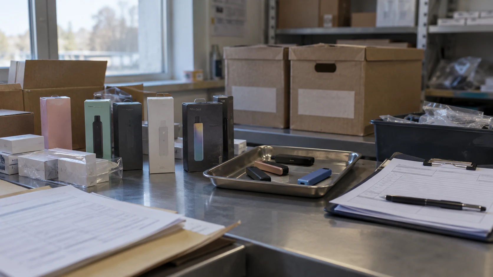 Vape products, packaging, inspection forms and evidence trays laid out on a stainless steel table in a Trading Standards-style workspace.
