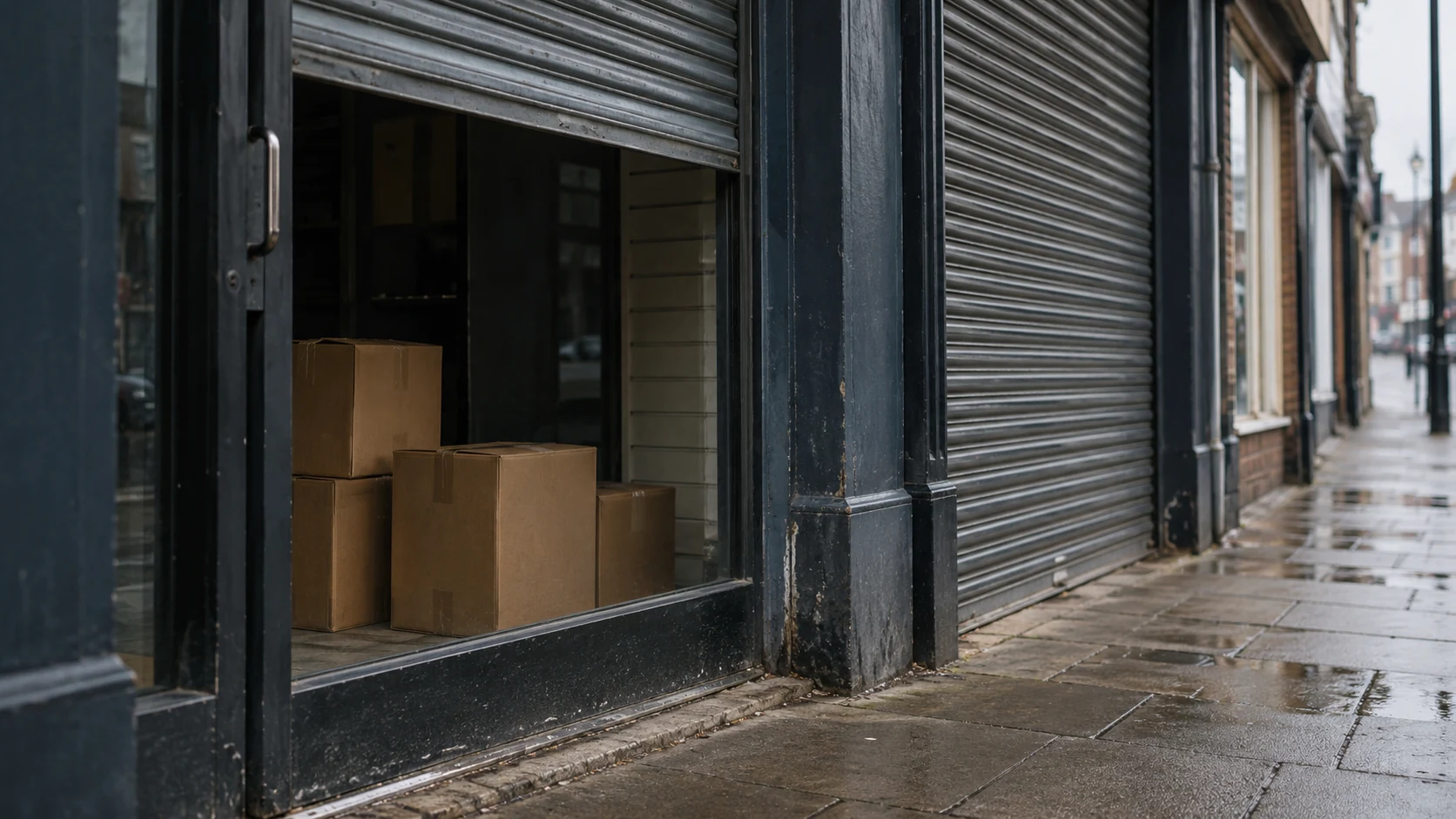 Closed high street shopfront with metal shutters and cardboard boxes inside on a wet pavement.