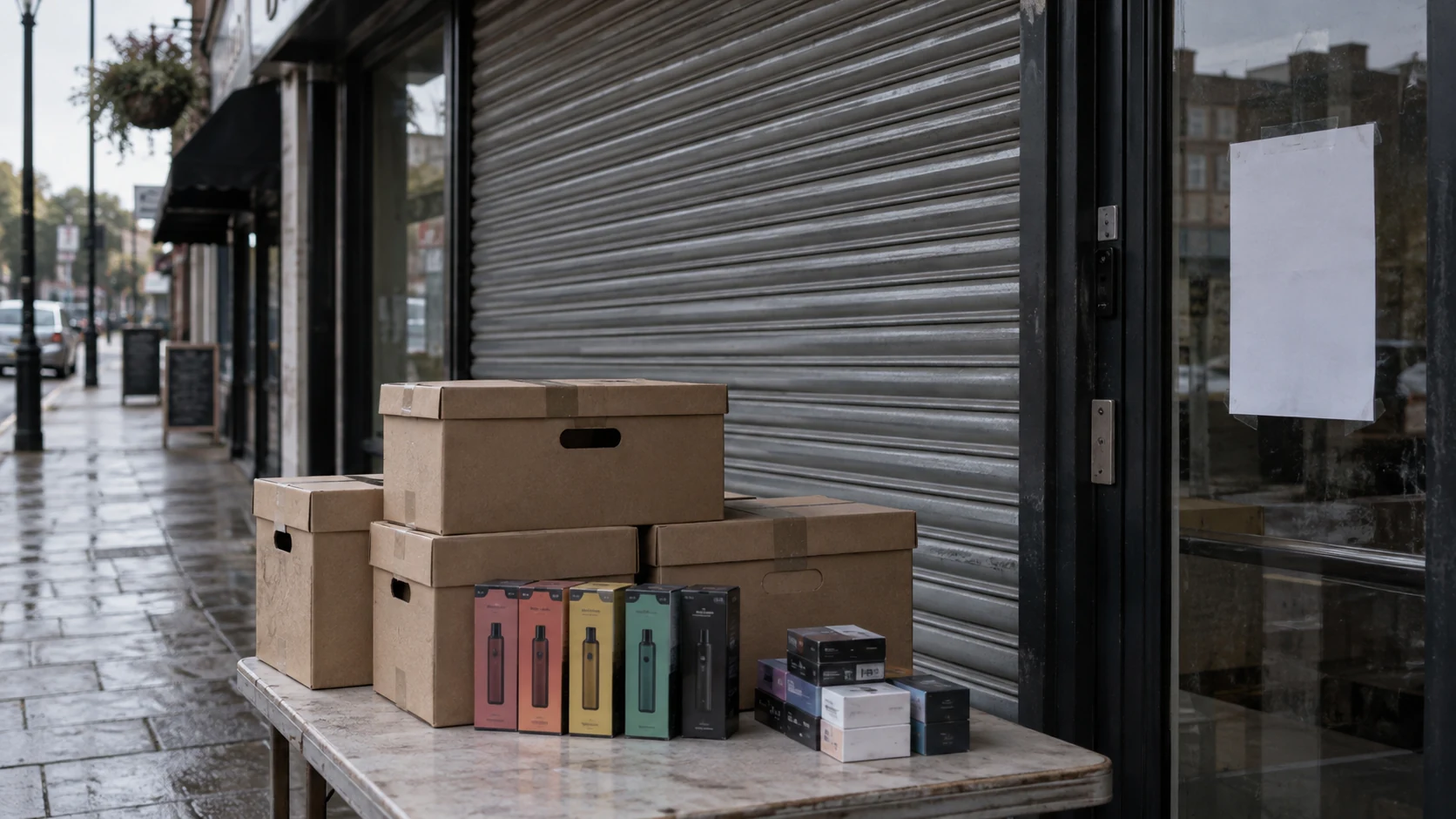 Closed shopfront with boxes and vape products on a table outside a shuttered premises on a wet high street.