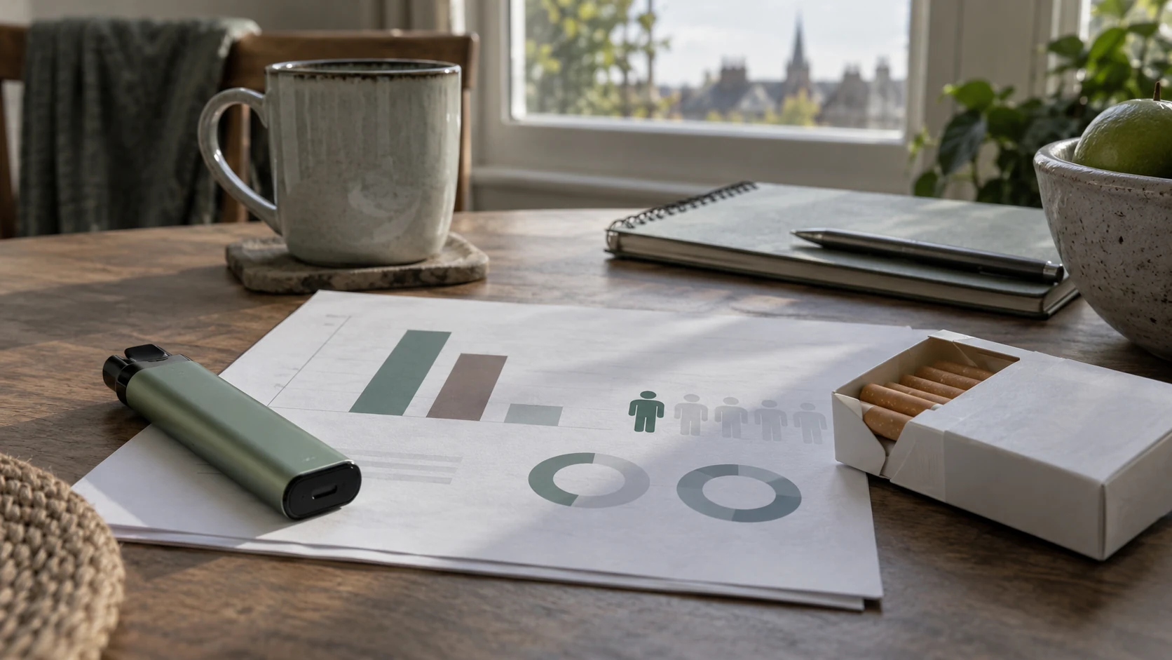 Vape device, open cigarette pack and printed statistics charts on a wooden table by a window in a British home setting.