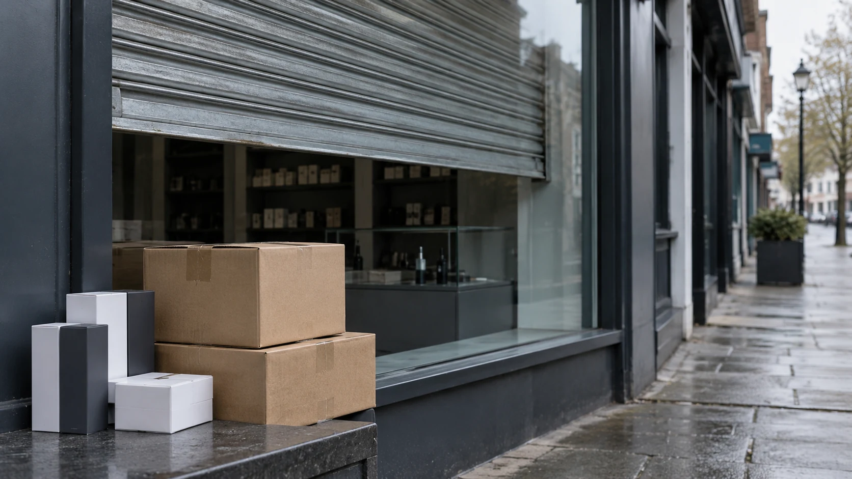 Closed vape shop frontage with a partly lowered metal shutter, cardboard boxes, and plain product boxes on a wet pavement.