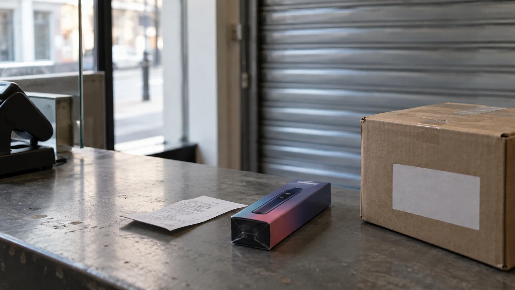 A boxed vape product, receipt and plain cardboard package on a shop counter beside a closed metal shutter.