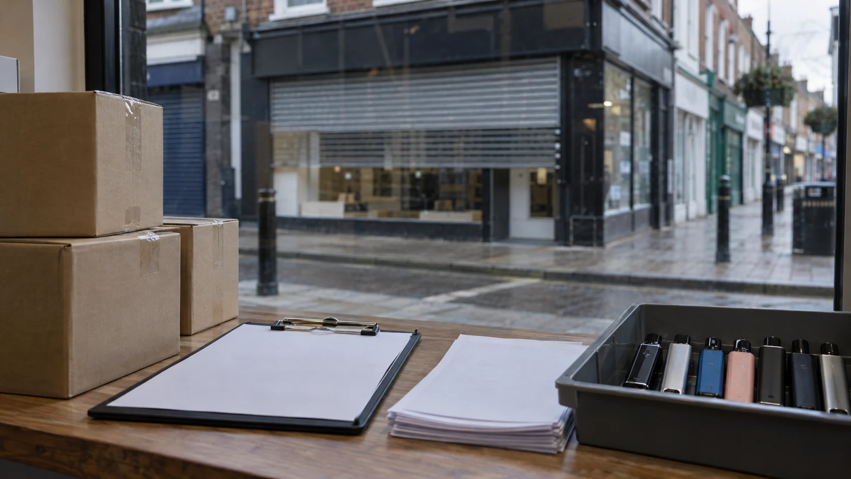 Vape devices, paperwork and cardboard boxes on a shop counter with a rainy high street visible through the window.