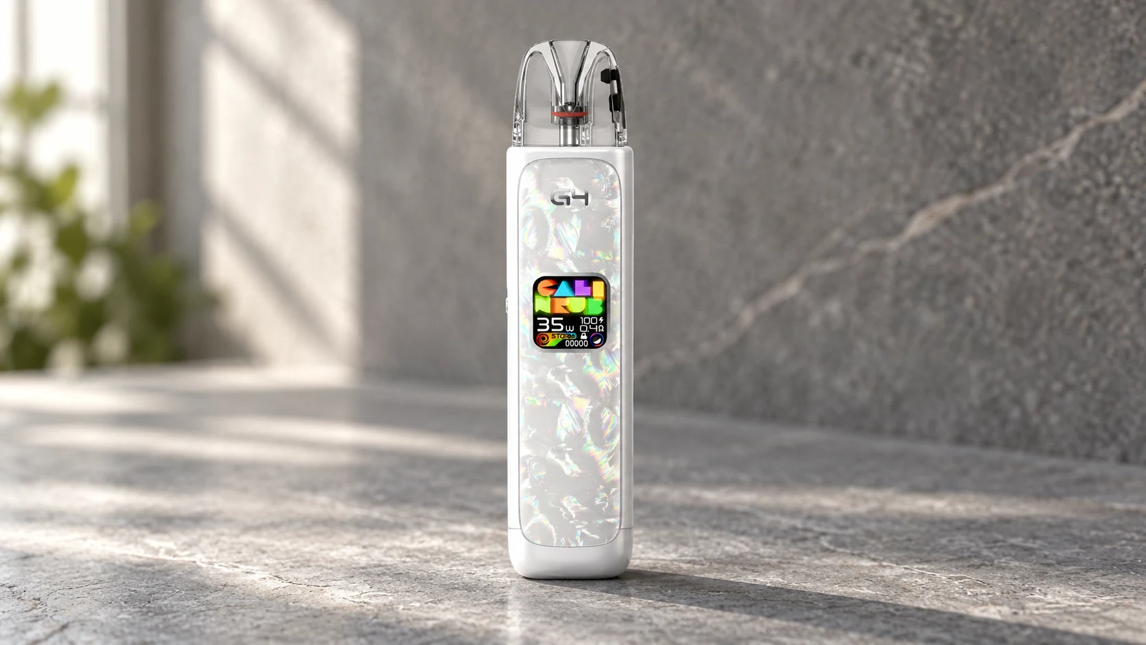 White UWELL CALIBURN G4 pod vape standing upright on a sunlit stone surface.